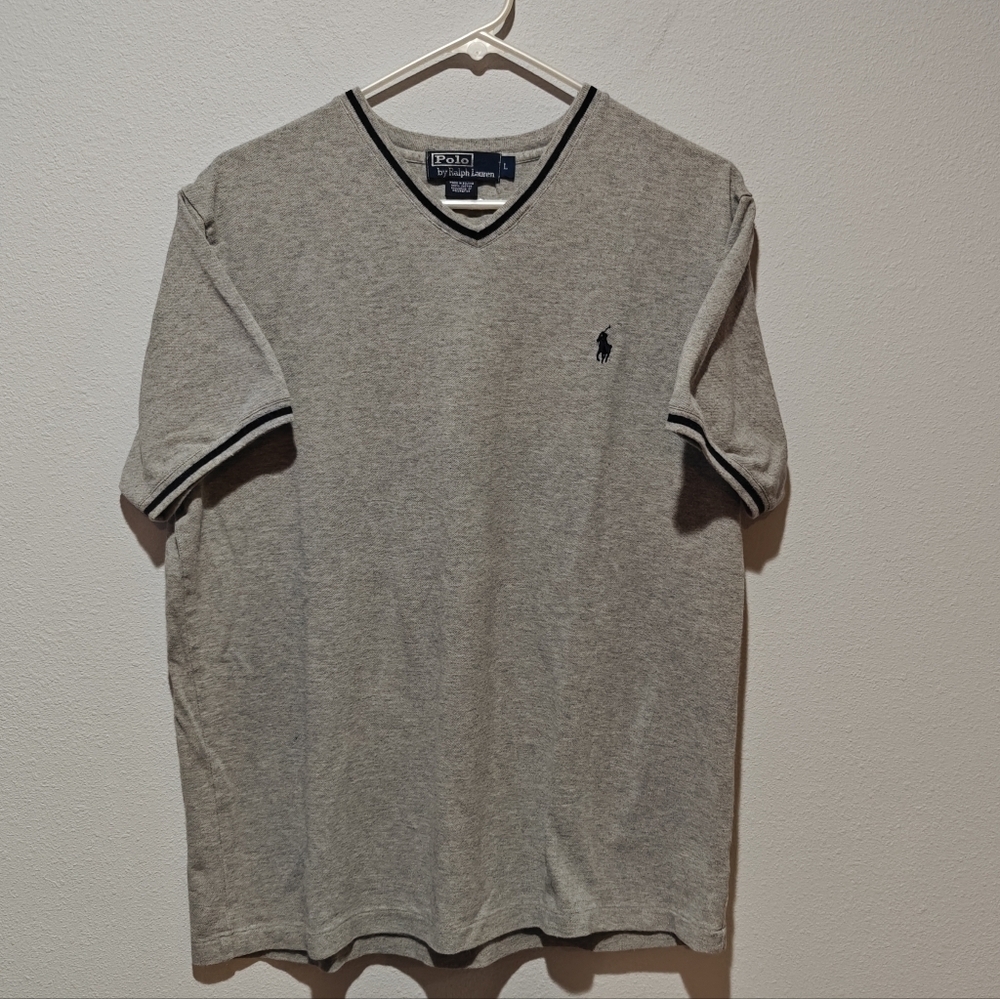 Vintage Polo Ralph Lauren V-Neck Large Gray Navy Blue Logo Made In Bolivia
